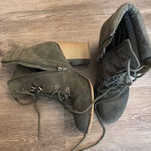 Army green chunky heel booties